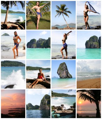 mutlu genç kadının üzerinde beach Tayland kolaj