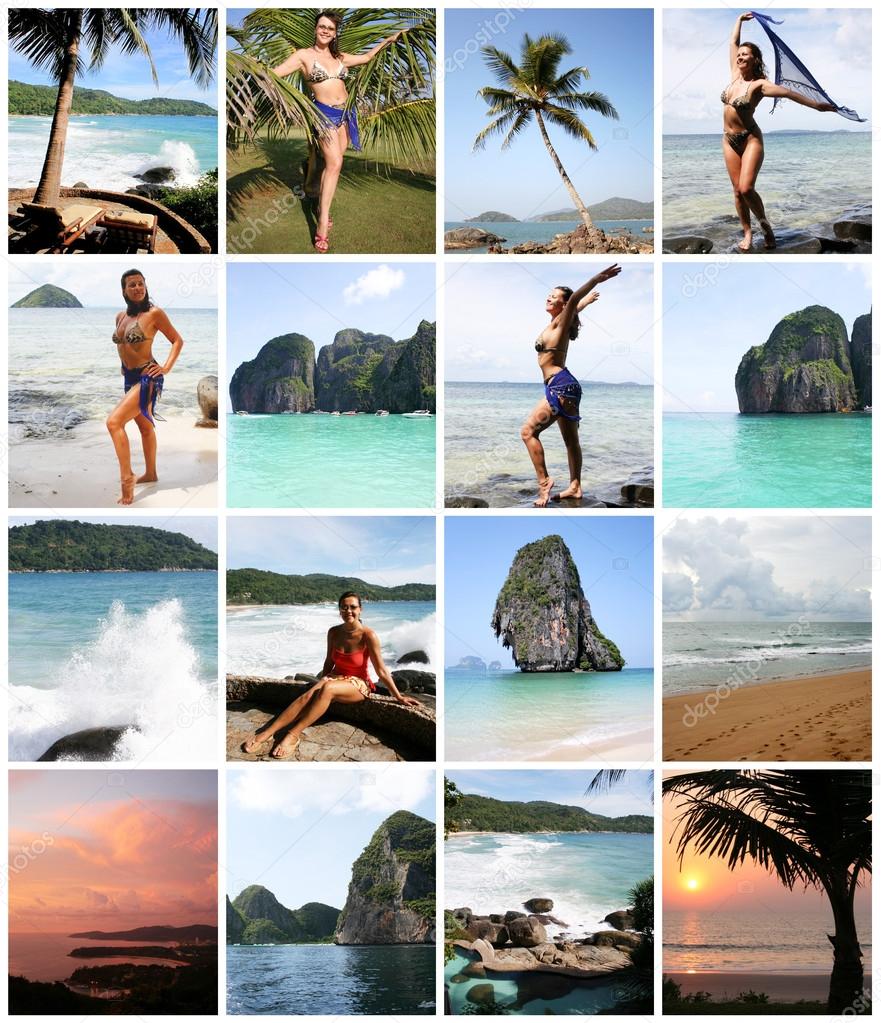 Collage of Happy Young Woman Enjoying on the Beach Thailand