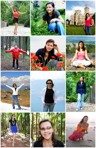 Collage van gelukkige jonge vrouw geniet van reizen — Stockfoto