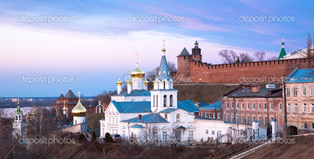 Panoramic spring view church and Kremlin Nizhny Novgorod