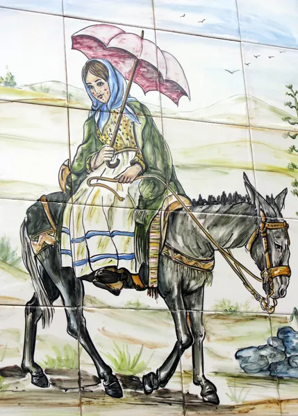 Azulejo Girl with umbrella riding a donkey — Stock Photo, Image