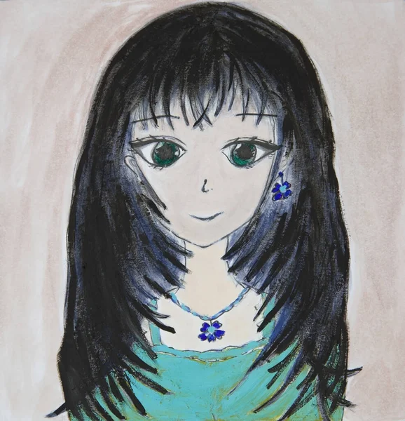 Portrait Une Fille Dans Style Anime Peint Huile Sur Papier — Photo