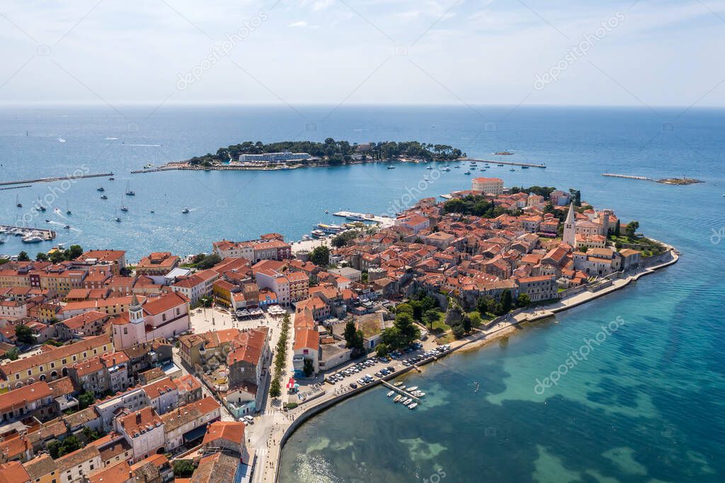 an amazing aerial view of Porec, in background island St.Nikola, Istria, Croatia 