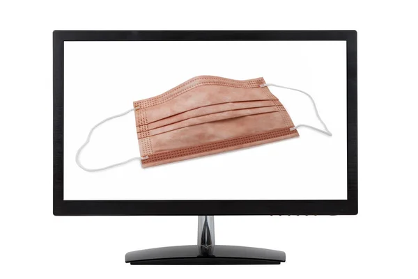 Orvosi Védőmaszk Réz Oxiddal Számítógép Monitoron — Stock Fotó