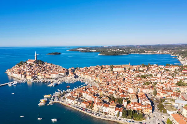 Wonderful Aerial View Rovinj Port Boats Ships Istria Croatia — стокове фото