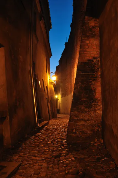 Alte, steinerne Straße mit Laterne in der Dämmerung. Lublin in Polen. — Stockfoto