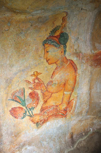 Picturi celebre pe perete pe Sigiriya. Sri Lanka — Fotografie, imagine de stoc