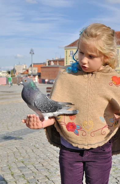 Little girl feeds doves in the city. — Stock Photo, Image