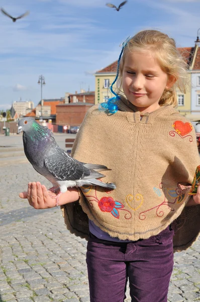 Little girl feeds doves in the city. — Stock Photo, Image