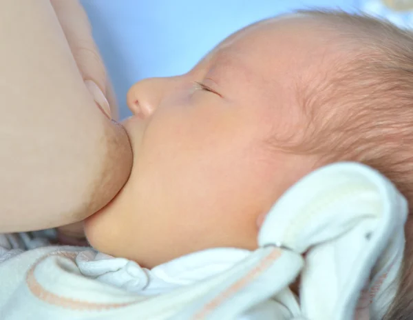 生まれたばかりの赤ちゃんは母親の乳房を吸う. — ストック写真