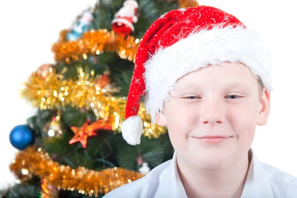 Retrato de um menino no fundo da árvore de Natal — Fotografia de Stock
