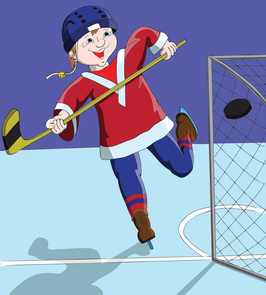 Ragazzo giocatore di hockey su ghiaccio ha segnato un gol contro — Foto Stock