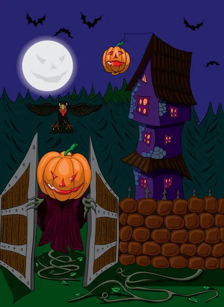 Fantasma de Halloween con cabeza de calabaza abre la puerta — Vector de stock