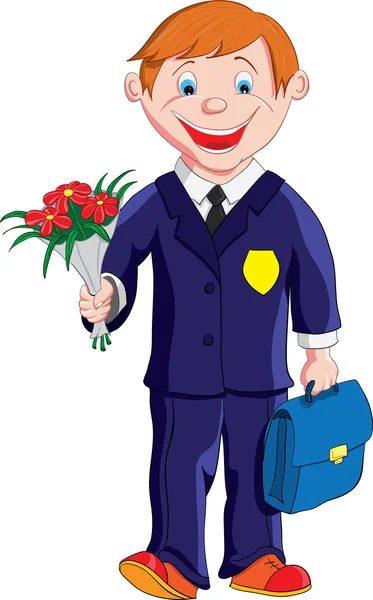 Schoolboy with a bouquet of flowers and a portfolio goes to school — Stock Vector