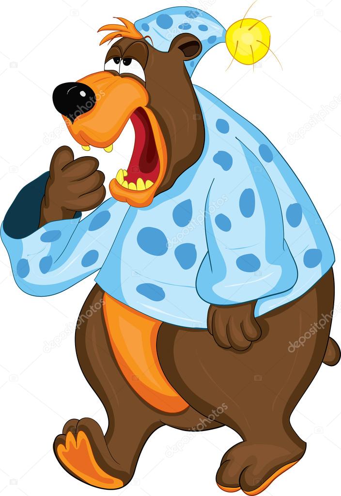 Bear in pajamas covers mouth with his paw