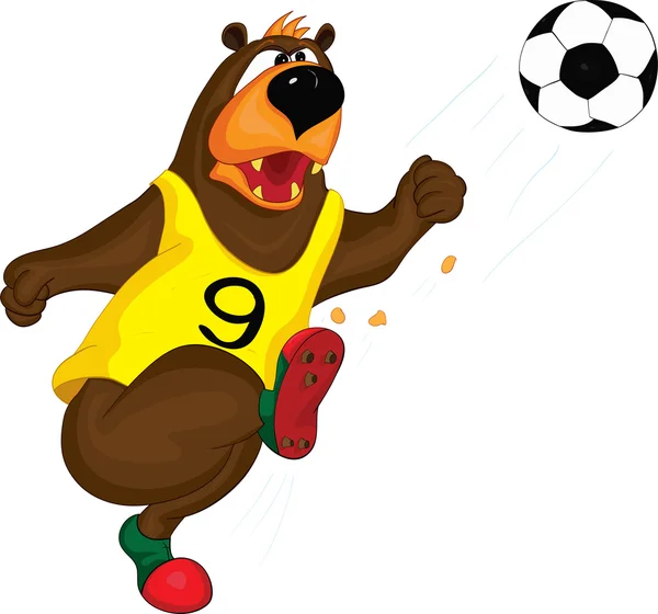 El oso en un chaleco patea la pelota — Vector de stock