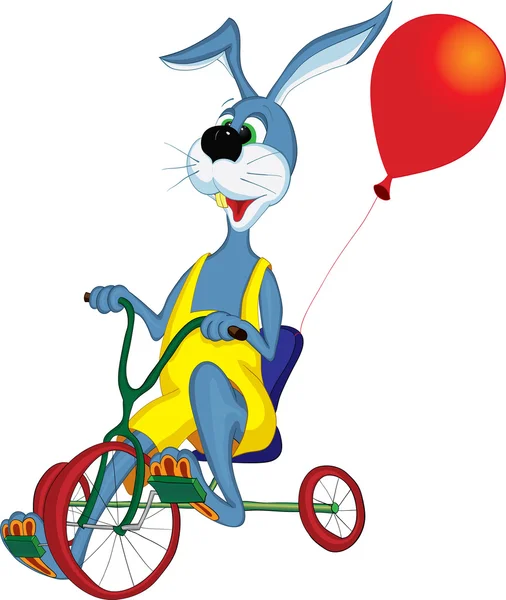 Cheerful gray hare rides a bicycle with three wheels — Stock Vector