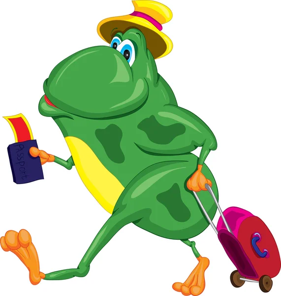 Funny frog with a passport ticket and suitcase — Stock Vector