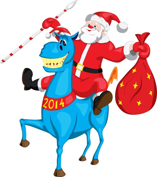 Papai Noel com um saco em um cavalo azul — Vetor de Stock