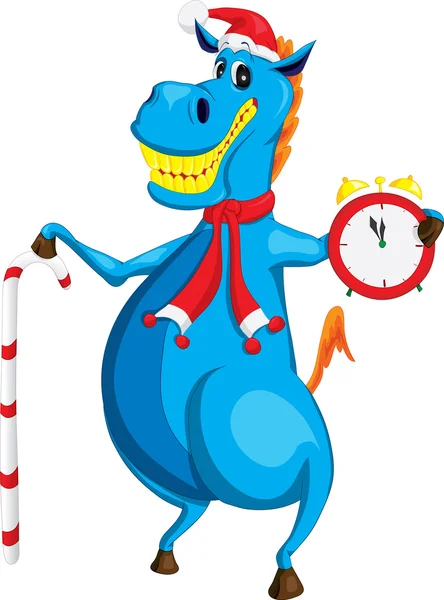 Cheerful blue horse symbol of the new year with a clock and candy — Stock Vector