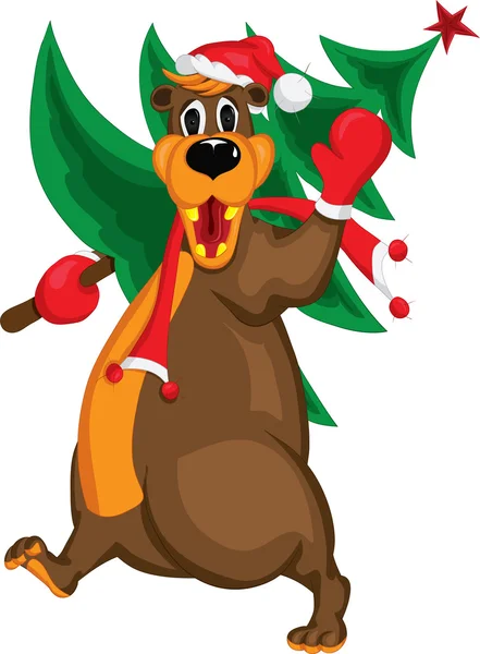 Boldog karácsonyi medve tartja a karácsonyfa — Stock Vector