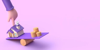 Ev ve altın para dengeleme ölçeğinde yalıtılmış. İş kredisi yatırımı ve finansal kredi konsepti. 3B görüntüleme