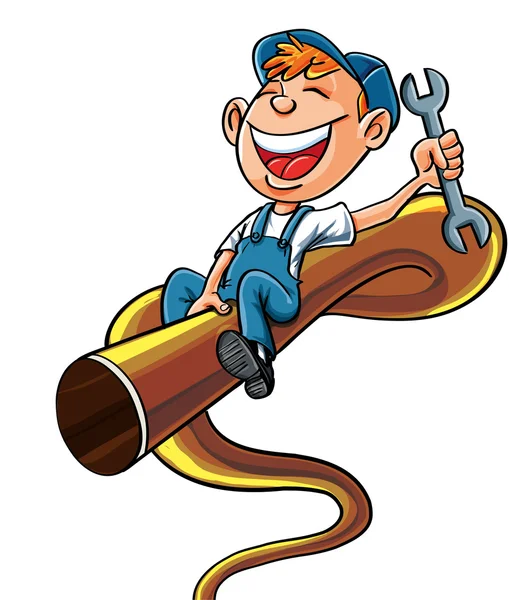 Cartoon plumber riding on a bucking pipe — Stockvector