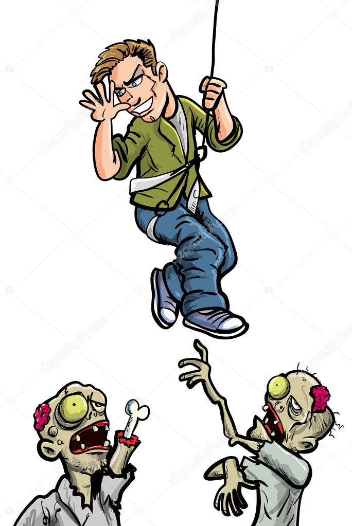 Cartoon illustration of man taunting zombies