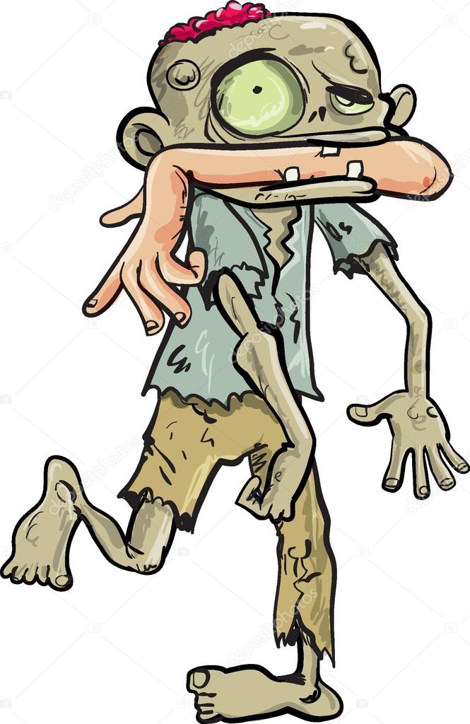 Cartoon zombie carrying a human arm in his mouth