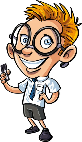 Cute cartoon nerd with mobile phone — Stock Vector