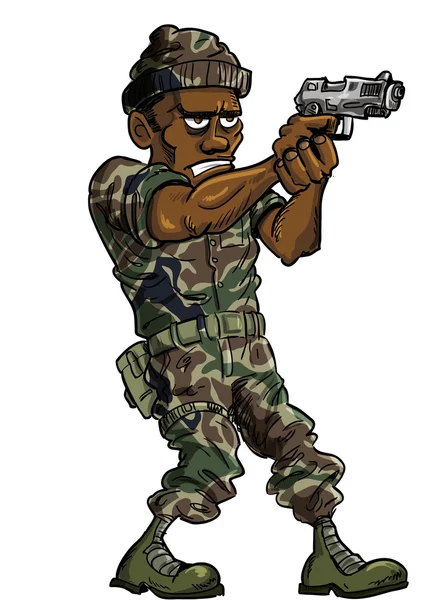 Γελοιογραφία στρατιώτη με ένα πυροβόλο όπλο χεριών — Διανυσματικό Αρχείο