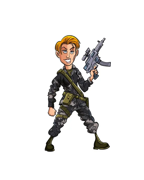 Γελοιογραφία γυναίκα στρατιώτη με ένα πολυβόλο υπο — Διανυσματικό Αρχείο