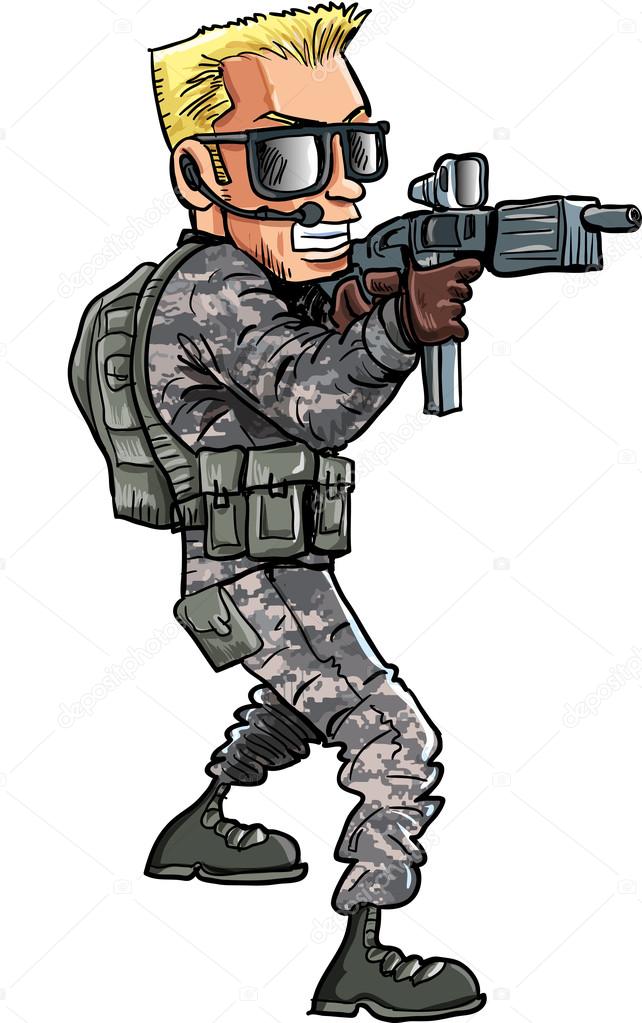 Cartoon of a Soldier with a sub machine gun