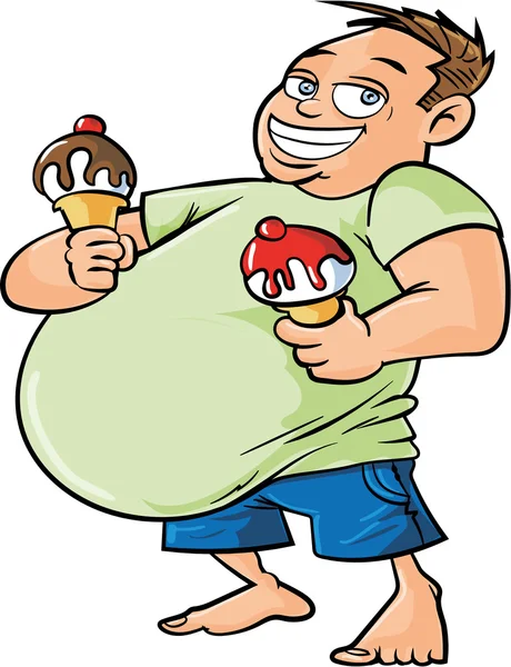 Fumetto uomo in sovrappeso in possesso di due gelati — Vettoriale Stock