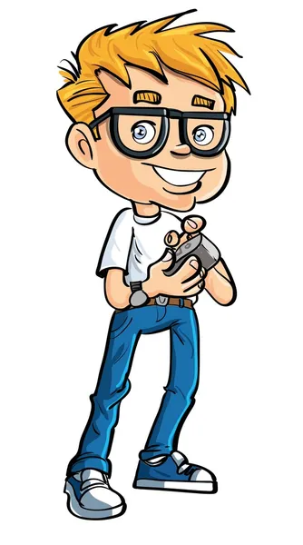 Lindo nerd de dibujos animados con un teléfono móvil — Vector de stock