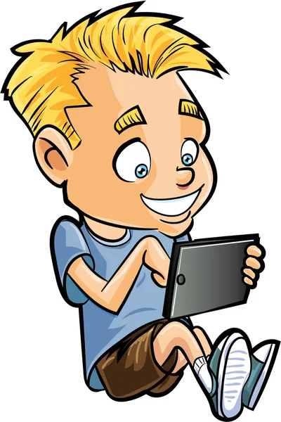 Мультфільм маленького хлопчика за допомогою комп'ютерного планшета — стоковий вектор