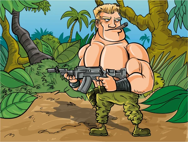 Cartoon muscled soldier in the jungle — Stock Vector