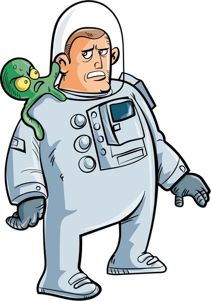 Cartoon astronaut met vreemdeling op zijn schouder — Stockvector