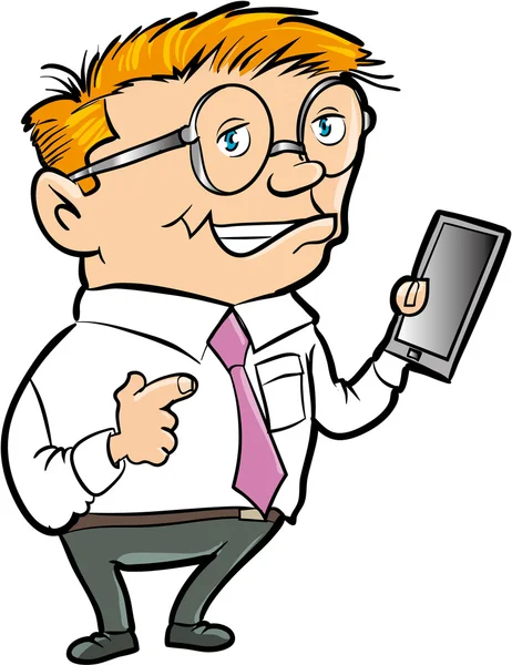 Cartoon-Nerd mit Handheld-Computer — Stockvektor