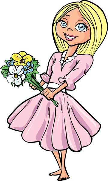 Dibujos animados chica rubia bonita con flores — Vector de stock