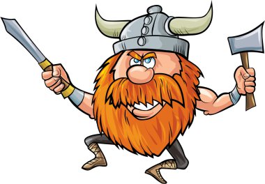 Jumping cartoon viking with sword and axe clipart
