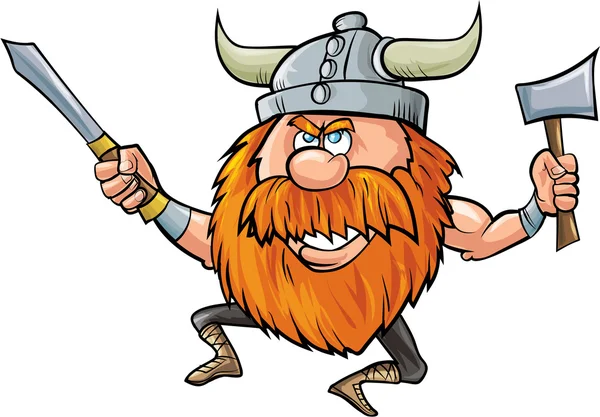 Jumping cartoon viking with sword and axe — Stock Vector