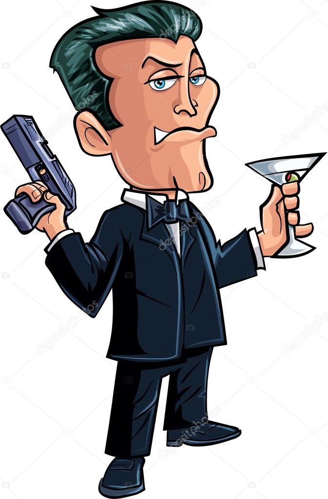 Cartoon spy character with martini