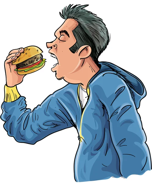 Dessin animé adolescent manger un hamburger — Image vectorielle