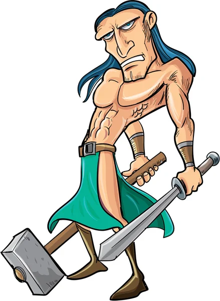 Cartoon barbarian with sword and hammer — Stock Vector