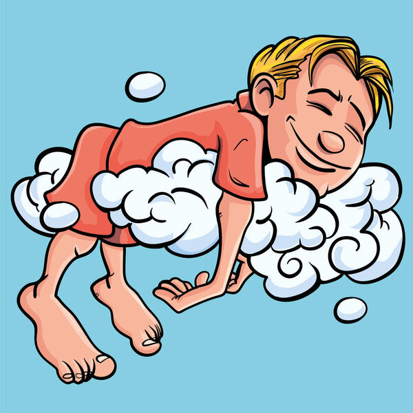 Мультяшный мальчик спит на облаке. Ему снится приятный сон.