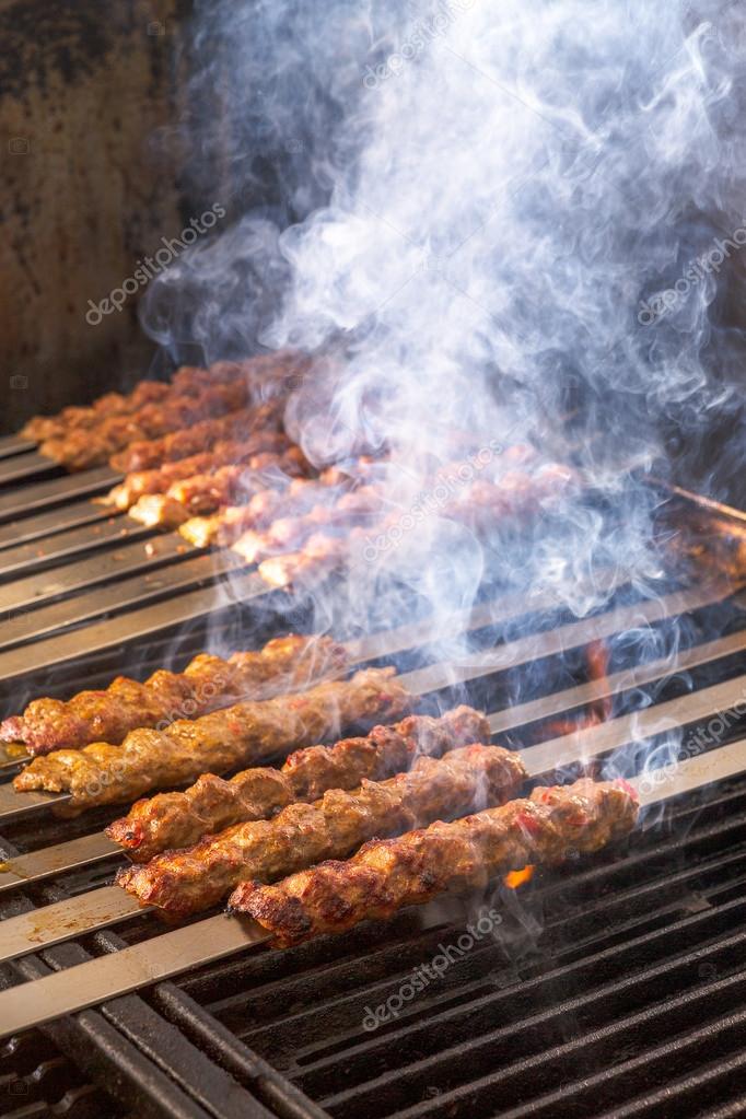 Cooking Adana Lamb Kebabs on the Restaurant Style Grill — Stock