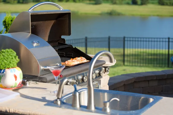 Cooking Cedar Salmon on the Barbecue at the Outdoor Kitchen — Stock Photo, Image