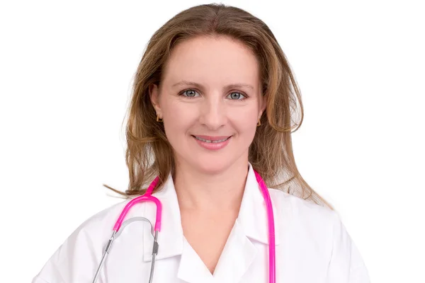 Médecin féminin amical avec stéthoscope rose — Photo