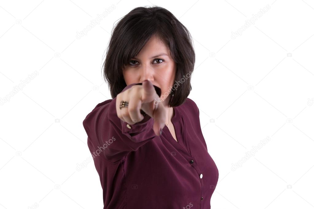 Middle Aged Woman Looking and Pointing at You